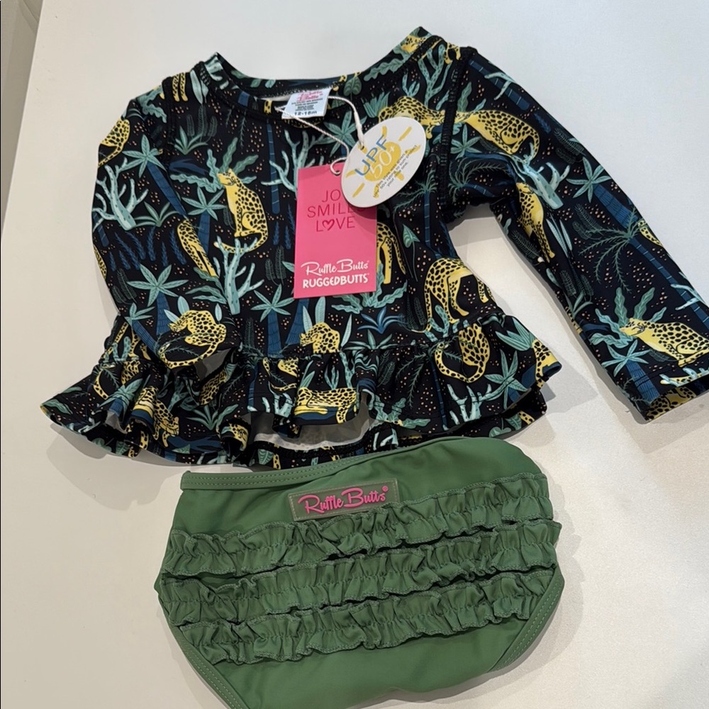 Ruffle Butts 12-18M Leopard Print Top and Green Bloomers NWT